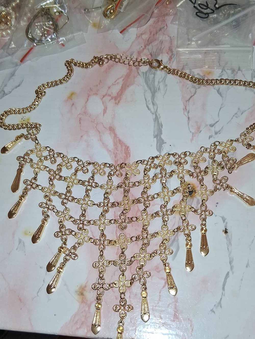 Source Unknown Gold Mesh Fringe Statement Necklace